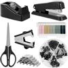 Hisdricus Set di cancelleria ufficio, completo di perforatrice, cucitrice, dispenser per nastro e accessori per scrivania, perfetto per ogni scrivania, colore nero
