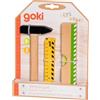 goki 58327 - Set di Attrezzi in Legno, 3 Pezzi, per Bambini dai 3 Anni in su, con Martello, Metro e livella a Bolla