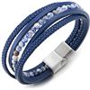 COOLSTEELANDBEYOND Blu Scuro Pietre Perlina Catena Intrecciato Cuoio Fascia Polso Braccialetto, Pelle Bracciali, Acciaio Chiusura Magnetica
