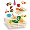 Balinco ACCESSORI PER LA CUCINA DEI BAMBINI, Set di scatole per alimenti con frutta e verdura da tagliare con tagliere, coltello e pelatrice, giocattoli in legno per bambini e bambine, magnetici