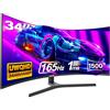 Gawfolk Display da 34 pollici Ultrawide Curved Gaming Monitor 165 Hz, 1500R PC UWQHD 3440 x 1440 con regolazione in altezza, schermo curvo, VA, Displayport, HDMI, supporta VESA 75 x 75 mm