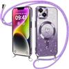 ZhuoFan Magnetica Custodia per iPhone 13 6,1 con Cordino, Glitter Sfumato Case Compatibile con MagSafe Trasparente Aesthetic Motivo Cuore Disegni Cover Fotocamera Protezione con Collana, Viola