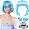 PLULON Parrucca azzurra con occhiali da sole a cuore e cuffia per capelli da donna, PLULON Parrucche corte a caschetto sintetiche colorate divertenti per cosplay, costume da addio al nubilato di Halloween