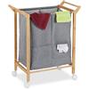 Relaxdays Cesto Portabiancheria, 2 Scomparti 80 l, Sacco Biancheria, Cesta su Ruote, 76x65x35cm, bambù, Naturale Grigio