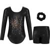Gogokids Tuta da ginnastica a tre pezzi per bambine, set da ginnastica a maniche lunghe con pantaloncini e fascia per capelli, body glitterati per balletto - outfit da ginnastica con design sfumato