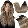 LaaVoo Extension Capelli Veri Biadesivo 20pz Balayage Marrone Scuro a Marrone Chiaro e Biondo Biadesive Capelli Corti Lisci Extension Capelli Adesive Umani 30cm 30g #3/8/24