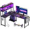 Coleshome Scrivania Gaming con LED e Prese, 135 × 100 cm Scrivania Gaming Angolare Reversibile con Scaffali Portaoggetti, Scrivania Angolare con Borsa Portaoggetti per Giocatori, Nero