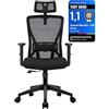 Durrafy Sedia da ufficio ergonomica, in rete traspirante, con schienale alto, girevole, con poggiatesta regolabile, braccioli e supporto lombare, adatta per casa/ufficio, colore nero