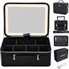 Faquenc Custodia per trucco con specchio a LED Vanity Case rimovibile con specchio luminoso in pelle portatile Makeup Artist Carry Vanity Box con divisori Porta pennelli da trucco, Pelle nera