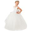 ABaoWedding Abito festivo da damigella d'onore, in tulle lungo fino al pavimento, con scollo a V e grande fiocco, abito da ballo per ragazze (10, Bianco)