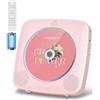 KOVCDVI Lettore CD Portatile per uso domestico con altoparlanti, Bluetooth e telecomando, lettori CD da tavolo e da parete con radio FM, supporto per riproduzione USB/AUX e presa per cuffie rosa