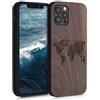 kwmobile Custodia Compatibile con Apple iPhone 12 / iPhone 12 Pro Cover - Back Case in Legno con Bumper in Silicone TPU - Sagoma Mondo marrone scuro
