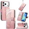 JIUNINE Custodia Protettiva per iPhone 17 Pro, Cover Libro PU Pelle Antiurto Portafoglio con Design Farfalle 3D, Slot per Carte, Supporto Stand Regolabile, Chiusura Magnetica, Oro rosa