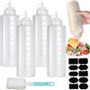 Nadisean 4 Pezzi Biberon Cucina Professionale 1000ml, Squeeze Bottle 32oz, Trasparente Biberon da Cucina, Ottiglia Squeeze di Plastica con 1 Pennello di Pulizia e 10 Adesivi per Ketchup Olio D'Oliva