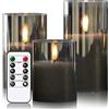 Eldnacele Candele LED in vetro grigio con telecomando, candele tremolanti senza fiamma con timer, confezione da 3 candele finte per la decorazione della casa (diametro 7,6 x altezza 10,2 cm, 12,7 cm,