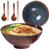 Peelanmall Tazze ramen in ceramica da 1200 ml, 20 cm, per servire, con bacchette e cucchiai adatte per microonde, lavastoviglie e forno (stile coda di pavone)