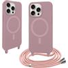 Coiwxmoi Magnetica Cover per iPhone 15 Pro Max con Cordino Regolabile, [Compatibile con MagSafe] Custodia con Collana Tracolla Laccio Collo Liquido TPU Silicone Lanyard Antiurto Case, Rosa
