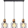 iDEGU 3 Luci Lampadario a Sospensione Vintage E27 Plafoniera Industriale in Legno Metallo Gabbia Lampada da Soffitto Retrò Lampade a Sospensione per Cucina Salotto Camera da Letto (Nero, Legno, Barra)