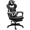 Poltrona Gaming TRONE, Reclinabile, XXL, con Poggiapiedi, in Pelle Nero/Bianca
