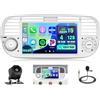 Hikity Autoradio per Fiat 500 2007-2015 4+128G Android 15 Wireless Carplay Android Auto 7''IPS 1 Din Schermo per Auto WiFi Touchscreen Bluetooth5.0 GPS SWC Retrocamera(Bianco)
