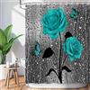 LIVILAN, Tenda da doccia per il bagno, colore turchese, motivo con gocce di pioggia, fiori blu scuro e grigi, con 12 ganci, tenda decorativa, ideale come regalo di San Valentino, 182,9 cm di larghezza