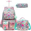Egchescebo Zaino con Rotelle per Ragazze Carrello Porta Trolley Scuola Primaria Astuccio Bambina Multifunzionale di Stella Ruote Lunch Box 17" 3PCS Borsa da Scuola a Rullo Ragazza Bambini Rosa