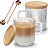 Mfacoy Confezione da 2 tazze da caffè in vetro con manico e cucchiaio, tazze da caffè in vetro con coperchio in bambù, tazze da tè trasparenti per bevande calde/fredde, set di bicchieri per americano, latte,