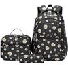 Armbq Set di zaini per la scuola per ragazze, per adolescenti, studenti elementari, casual, con scatola per il pranzo, Margherita nera., 3Pcs Backpack, 3 zaini con margherite