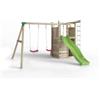 Fungoo Gioco per bambini da esterno in legno fungoo houser con torretta, 2 altalene, corda da arrampicata e scala in corda 343x363x220 cm