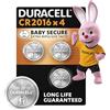 Duracell Batterie a moneta al litio 2016 da 3V (confez. da 4) - Lunga durata garantita - Tecnologia Baby Secure - Per chiavi auto, telecomandi smart, orologi fitness - Confezione a prova di bambino