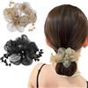 Upstore 2 elastici per capelli con fiori e foglie ricamate con cristalli, eleganti elastici per capelli, per coda di cavallo, accessori per capelli per donne e ragazze, nero e champagne