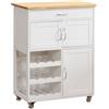 Brigros WeHome - Carrello Cucina Legno Febe, Credenza Bianca 67x36x87 Cm Con 1 Cassetto, 3 Ante, 3 Ripiani Portabottiglie, Mobile Cucina Con Ruote E Piano In Legno Rovere (Bianco)