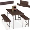 Relaxdays Tavolo da Birreria con Panche, Set da Giardino con Panchine e Tavolino Pieghevoli, Mobili Rattan, Marrone
