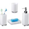 Relaxdays Set 4 Accessori Bagno, Bicchiere Igiene Dentale Portaspazzolini Dispenser Porta Sapone Portasaponetta, Bianco