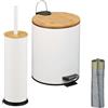 Relaxdays Set da Bagno con 2 Accessori, Pattumiera da 5 L e Portascopino con Spazzola WC, Ferro e bambù, Naturale Bianco