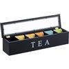 Relaxdays Scatola Porta tè e Tisane, Organizer Cassetti a 6 Scomparti, 9x43,5x9 cm, Tea Box con Coperchio in bambù, Nero