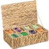 Relaxdays Scatola Porta tè, 8 Scomparti 110 Bustine Tisane, Tea Box Coperchio, 10x33x20,5 cm, Giacinto Acqua, Naturale