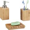 Relaxdays Set Accessori Bagno in Bambù, 3 Oggetti per Lavandino, Dispenser, Porta-Sapone e Portaspazzolini, Marrone