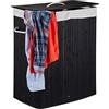 Relaxdays Cesto Portabiancheria Rettangolare con Coperchio, 95 L, Organizer con 2 scomparti, Pieghevole, in Bambù, Nero