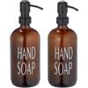 Relaxdays Dispenser di Sapone Liquido in Vetro, Set 2, Testa a Pompa, Ricaricabile, Dosatore Portasapone 500 ml, Marrone