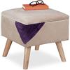 Relaxdays Sgabello Poggiapiedi, Velluto, Gambe in Legno di Eucalipto, Pouf Imbottito, Scomparto, HLP 40x40x40 cm, Crema
