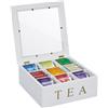 Relaxdays Scatola Porta tè, Organizer Cassetti 9 Scomparti, 9x23,5x23,5 cm, Tea Box con Coperchio, in bambù, Bianco Oro