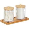 Relaxdays Porta Cotton Fioc, Bagno, 2 Box in Plastica per Dischetti di Cotone, Coperchi in bambù, Naturale Trasparente