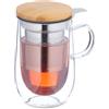 Relaxdays Tazza da tè con Infusore in Acciaio Inox, Bicchiere per Infusi, Coperchio bambù, 430 ml, Parete Doppio Vetro
