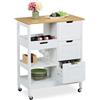 Relaxdays Carrello da Cucina con Ruote, Isola 3 Ripiani e Cassetti, Carrellino Portaoggetti HLP: 85x68,5x38,5 cm, Bianco