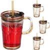 Relaxdays Bicchiere con Cannuccia e Coperchio, Set da 4 Tazze per Smoothie da 450 ml in Vetro con Manico, Marrone Chiaro