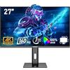 Gawfolk Schermo PC IPS da 27 pollici, Monitor Gaming 4K 160Hz, 1ms, FreeSync, 100% sRGB, Angolo di Visualizzazione 178°, HDMI 2.1, DisplayPort, Regolabile in Altezza e Girevole, VESA75x75MM - Nero