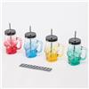 Relaxdays Bicchieri coperchio e cannuccia, set da 4, 500 ml, teschio, tappo a vite, manico, vetro, multicolore