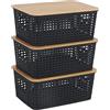 Relaxdays Set di 3 scatole portaoggetti in plastica e bambù, con Coperchio, 10,5x25,5x18 cm, Nero