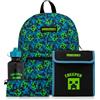 Minecraft Set da scuola per bambini, 4 pezzi, con borsa per il pranzo, bottiglia d'acqua e astuccio, Verde, Moderna